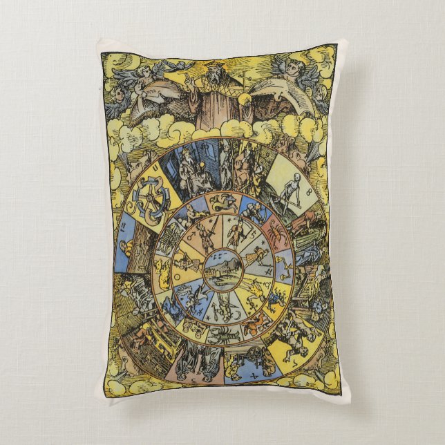 Vintage astrologi, renässansens zodiakhjul, 1555 prydnadskudde (Framsidan(Vertikal))