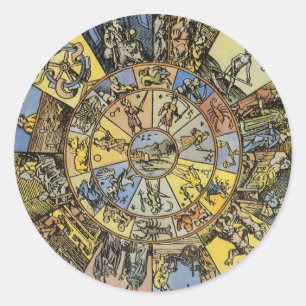 Vintage astrologi, renässansens zodiakhjul, 1555 runt klistermärke