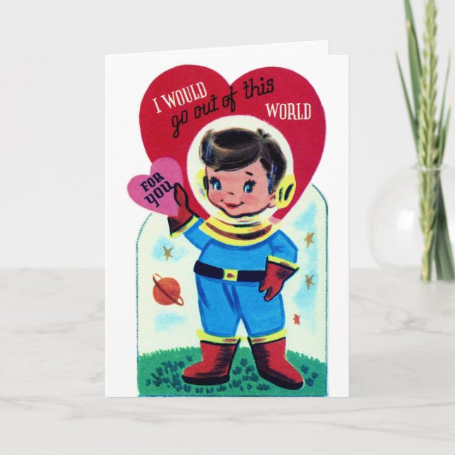 Vintage Astronaut Boy Valentine Helgkort (Framsida)