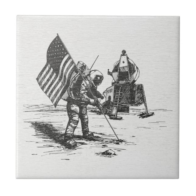 Vintage Astronaut - Månlandning Keramisk Platta Kakelplatta (Framsidan)
