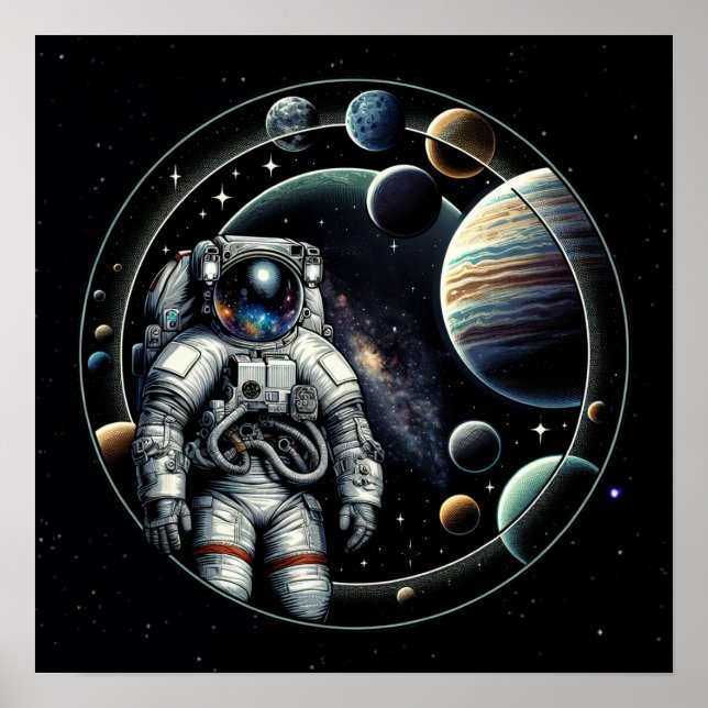 Vintage Astronaut och planeter Poster (Framsidan)