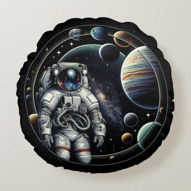 Vintage Astronaut och planeter Rund Kudde (Framsidan)