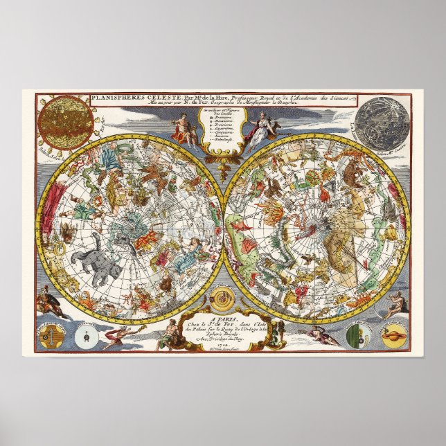 Vintage astronomi, himmelsk planisfärkarta poster (Framsidan)