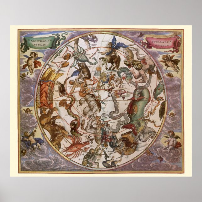 Vintage Astronomi, konstellationer från södra Himl Poster (Framsidan)
