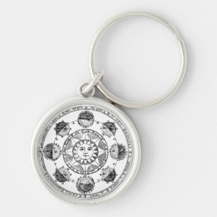 Vintage Astronomy Zodiac Wheel Rund Silverfärgad Nyckelring