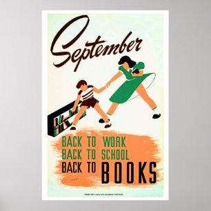 Vintage återgång till arbetet, skolan, bokar WPA Poster