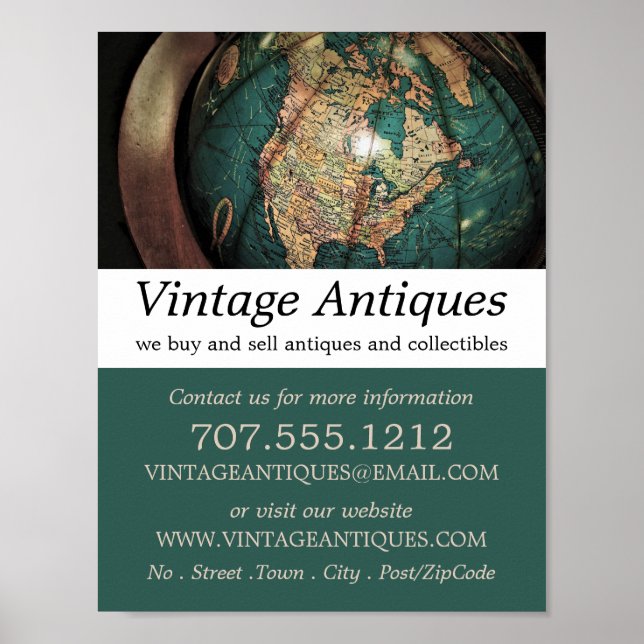 Vintage Atlas Globe, Antique Dealer, Store Poster (Framsidan)