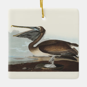 Vintage Audubon Brun Pelikan Kustfågel Konst Julgransprydnad Keramik