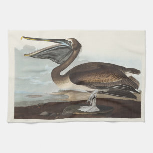 Vintage Audubon Brun Pelikan Kustfågel Konst Kökshandduk