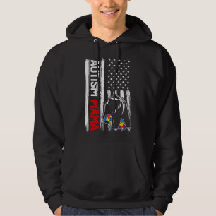 Vintage Autism Mamma Bear American Flagga Awarenes Hoodie