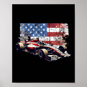 Vintage Auto Tävla Car American Flagga 4:e juli Poster