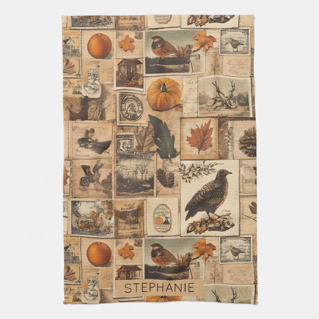 Vintage Autumn Collage Mönster | Rustic Ephemera Kökshandduk (Vertikal)