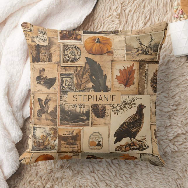Vintage Autumn Collage Mönster | Rustic Ephemera Kudde (Filt)