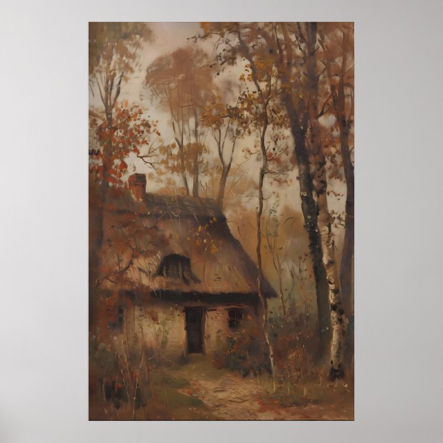 Vintage Autumn Cottage Landscape Printable Art Poster (Framsidan)