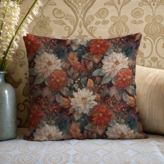 Vintage Autumn Dahlia Floral Pattern Cushion Kudde (Skapare uppladdad)
