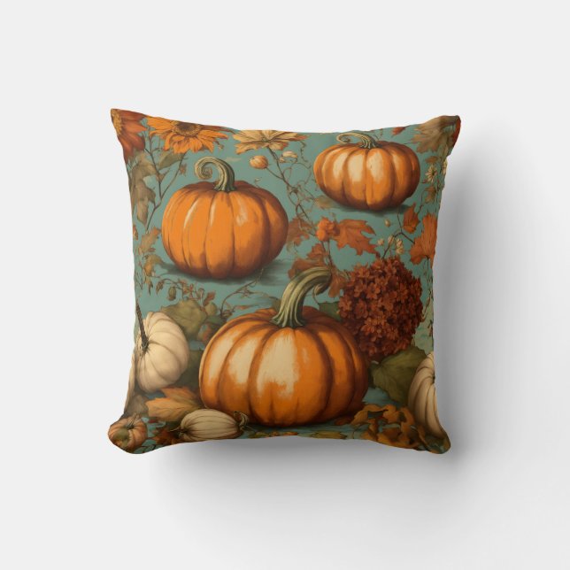 "Vintage Autumn Flowers & Pumpkins - Kudde (Framsida)