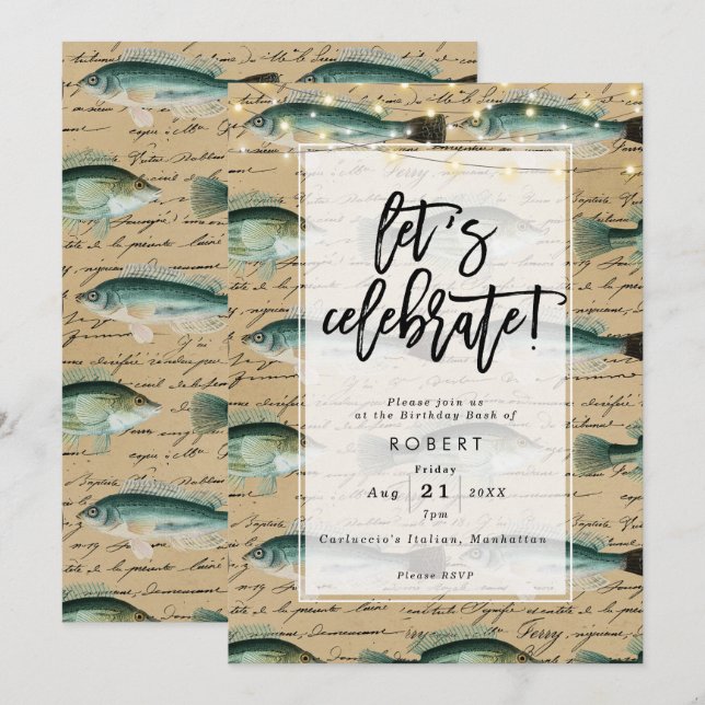 vintage av antika fiskar födelsedagsfest inbjudan (Fram/baksida)