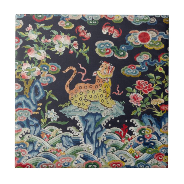 vintage av antika leoparblommor broderier kakelplatta (Framsidan)