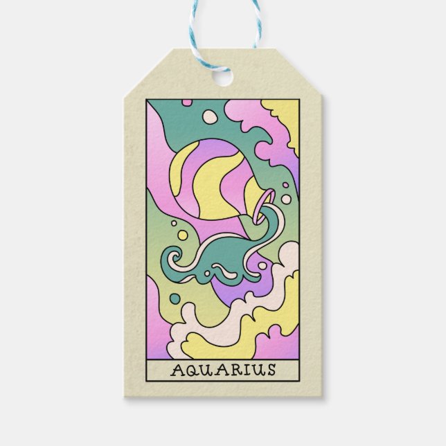 Vintage av Aquarius Zodiac Sign Abstrakt Art Presentetikett (Framsidan)