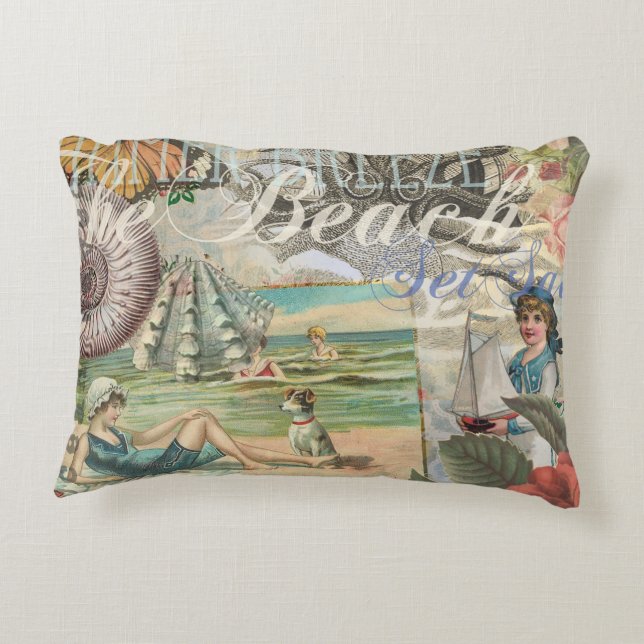 vintage av bläckfisk i sommarstrand, antik segling prydnadskudde (Baksidan)