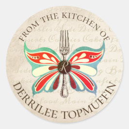 Vintage av fjärilsmgaffel från klisterlappens kök runt klistermärke