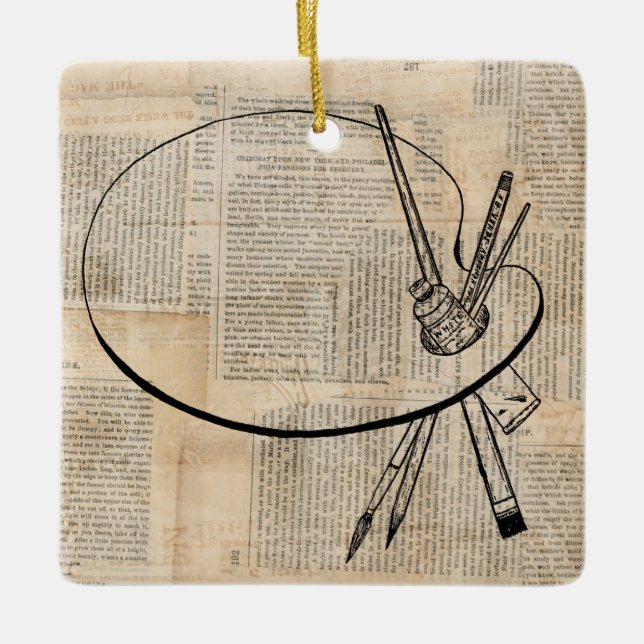 Vintage av Paintpensel & Paint Palette Julgransprydnad Keramik (Framsida)