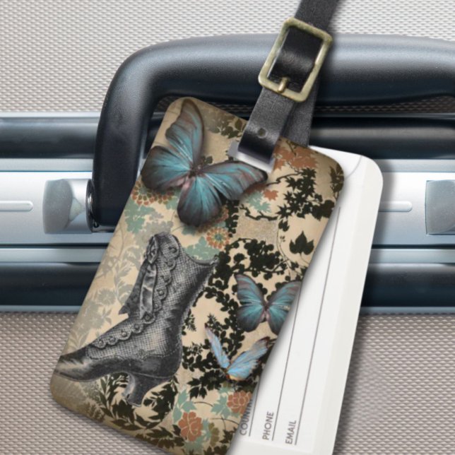 vintage av steampunk blommigt butterfly  Victorian Bagagebricka (steampunk floral butterfly vintage Victorian Shoe Luggage Tag)