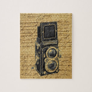 vintage av steampunk-skript, burlap-antika kamera pussel