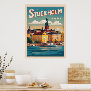 vintage av vattenfront för sverige av boskapshyll poster