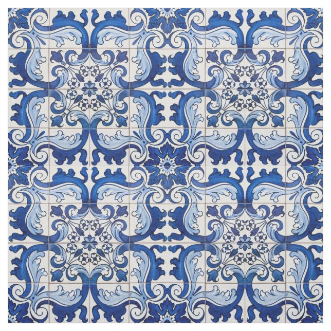 Vintage Azulejo Tile Blommönster Tyg (Provkarta)