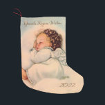 Vintage Baby Angel Vingar sover i molnet Liten Julstrumpa<br><div class="desc">Anpassa den här lilla vintage bild av en baby ängelflicka som sover i molnen. Baksidan av strumpan har Guds Prayers ängel i kalligrafi. Kredit: Skript finns på artprintsanddecor.com</div>