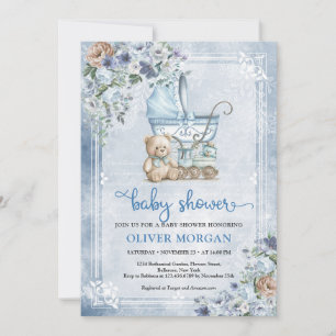 Vintage baby barnvagn och nalle och blommor inbjudningar