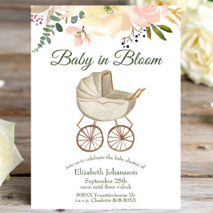 Vintage Baby Buggy och Blommigt Baby i Bloom Inbjudningar