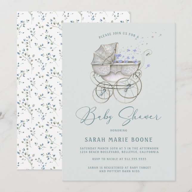 Vintage Baby Carriage Boy Baby Shower Inbjudningar (Fram/baksida)