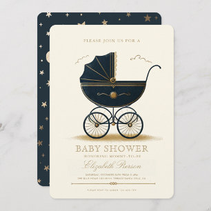 Vintage Baby Carriage Elegant Navy Baby Shower Inbjudningar