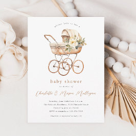 Vintage Baby Carriage Neutralt Par Baby Shower Inbjudningar