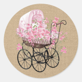 Vintage Baby Carriage on Faux Burlap Runt Klistermärke