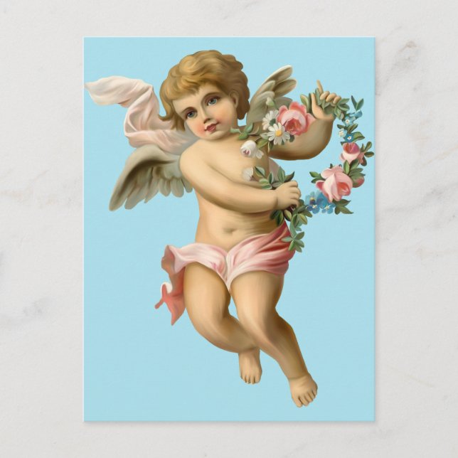Vintage Baby Cherub med blommor Vykort (Framsida)