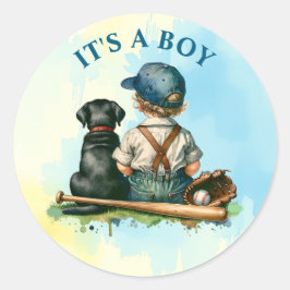Vintage Baby, Hund och Baseball | Det är en pojke Runt Klistermärke