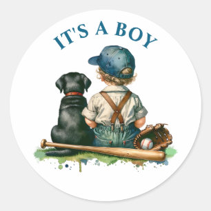 Vintage Baby, Hund och Baseball Det är en pojke Runt Klistermärke