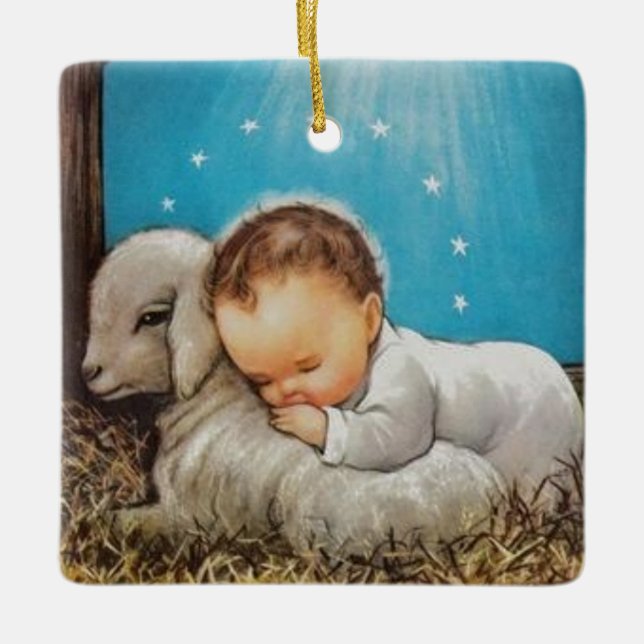 Vintage Baby Jesus svänger med lampa Julgransprydnad Keramik (Framsida)