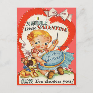 Vintage Baby & marionett Doing Needlepoint Valenti Helg Vykort