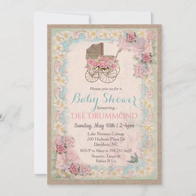 Vintage Baby Shower Barnvagn Blommig Inbjudan (Framsida)