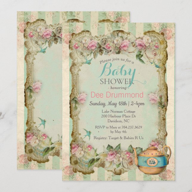 Vintage Baby Shower Blommig Te Invitation Inbjudningar (Fram/baksida)