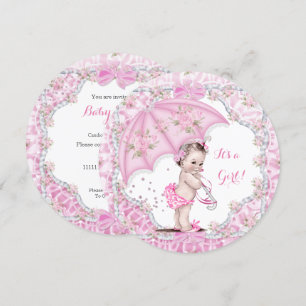 Vintage Baby Shower Flicka Blommor Rosa Paraply Inbjudningar