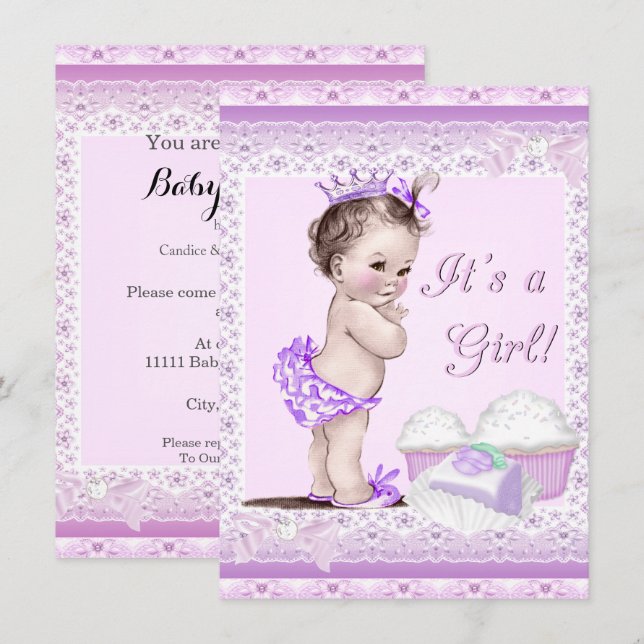 Vintage Baby Shower Flicka Lavendel Spets Cupcakes Inbjudningar (Fram/baksida)