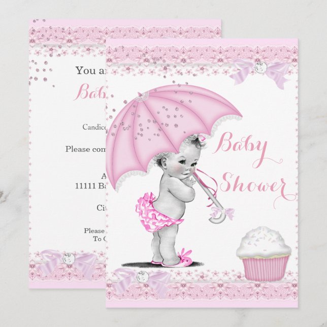 Vintage Baby Shower Flicka Rosa Paraply Cupcake Inbjudningar (Fram/baksida)