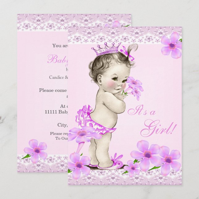 Vintage baby shower flicka vacker rosa blommig inbjudningar (Fram/baksida)