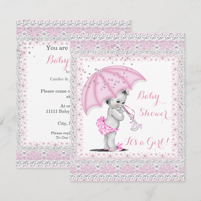 Vintage Baby Shower Girl Rosa Sprinkle Umbrella Inbjudningar (Fram/baksida)
