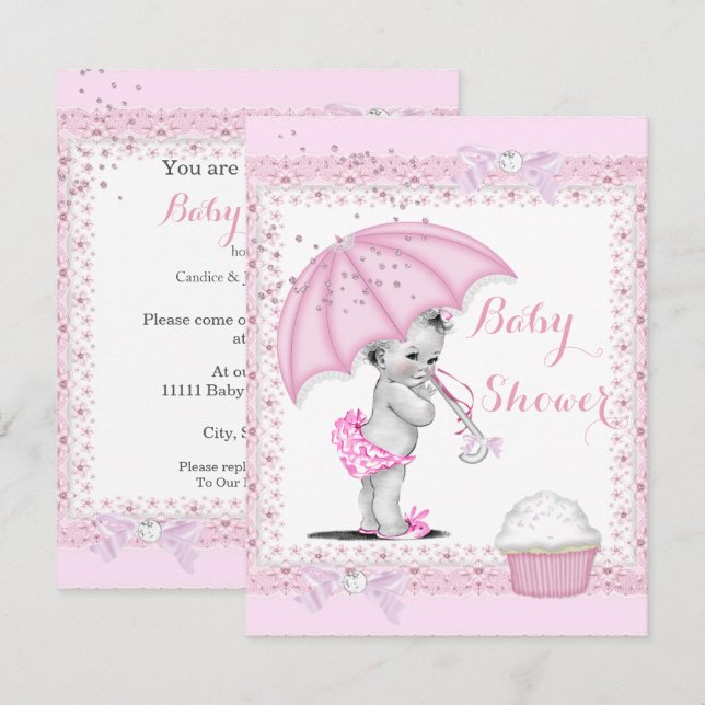 Vintage Baby Shower Girl Rosa Umbrella Cupcoa Inbjudningar (Fram/baksida)